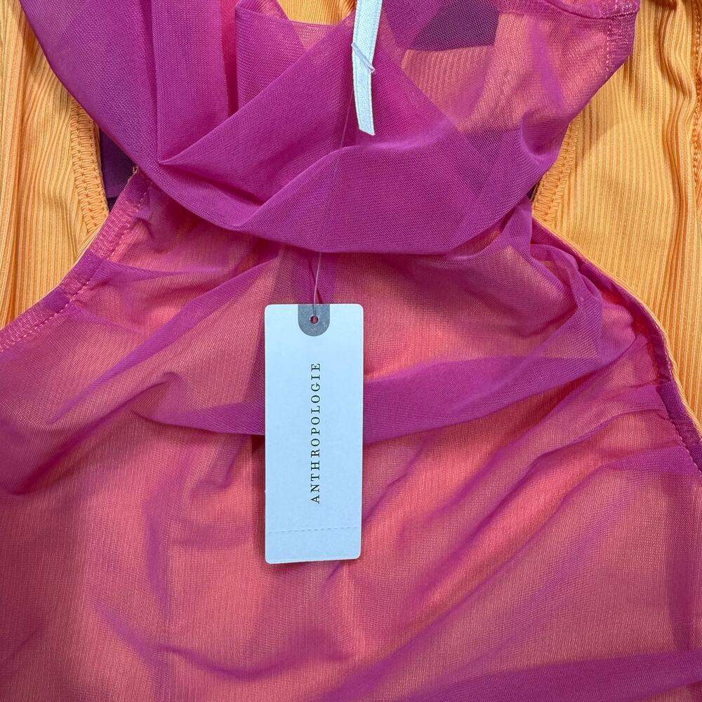 Anthropologie Sheer Mesh Ruched Mock Neck Tank Top Orange Pink NWT Size S - Picture 6 of 6